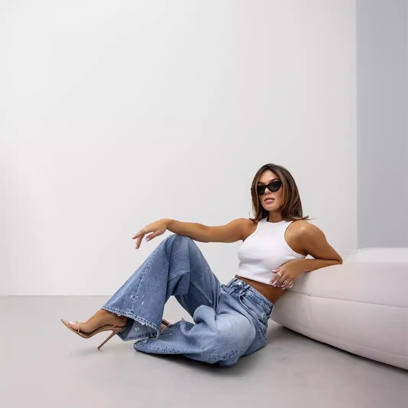 Női Farmer Lyukak Farmerek Mosóceruza nadrágok Magas derekú cipzár Anya Fly Vékony, széles lábszárzsebek Teljes hosszúságú 2025. tavaszi utcai viselet