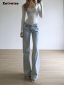 EOTVOTEE Vintage zili džinsi ar zemu jostasvietu sievietēm Amerikāņu ielu apģērbi modes pogu kabatas pilna garuma Y2k taisni pantaloni
