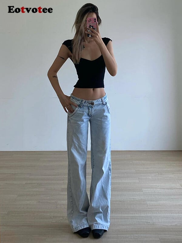 EOTVOTEE Vintage zili džinsi ar zemu jostasvietu sievietēm Amerikāņu ielu apģērbi modes pogu kabatas pilna garuma Y2k taisni pantaloni