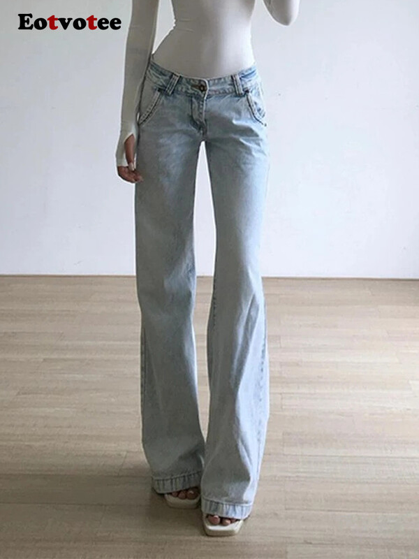EOTVOTEE Vintage zili džinsi ar zemu jostasvietu sievietēm Amerikāņu ielu apģērbi modes pogu kabatas pilna garuma Y2k taisni pantaloni