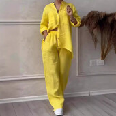 Naiste püksikomplektid, kaheosaline komplekt, pikkade varrukatega taskutega särk, vabaaja, vaba, moodne, kontor, kevad ja sügis