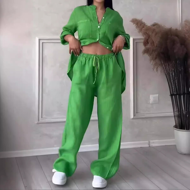 Naiste püksikomplektid, kaheosaline komplekt, pikkade varrukatega taskutega särk, vabaaja, vaba, moodne, kontor, kevad ja sügis