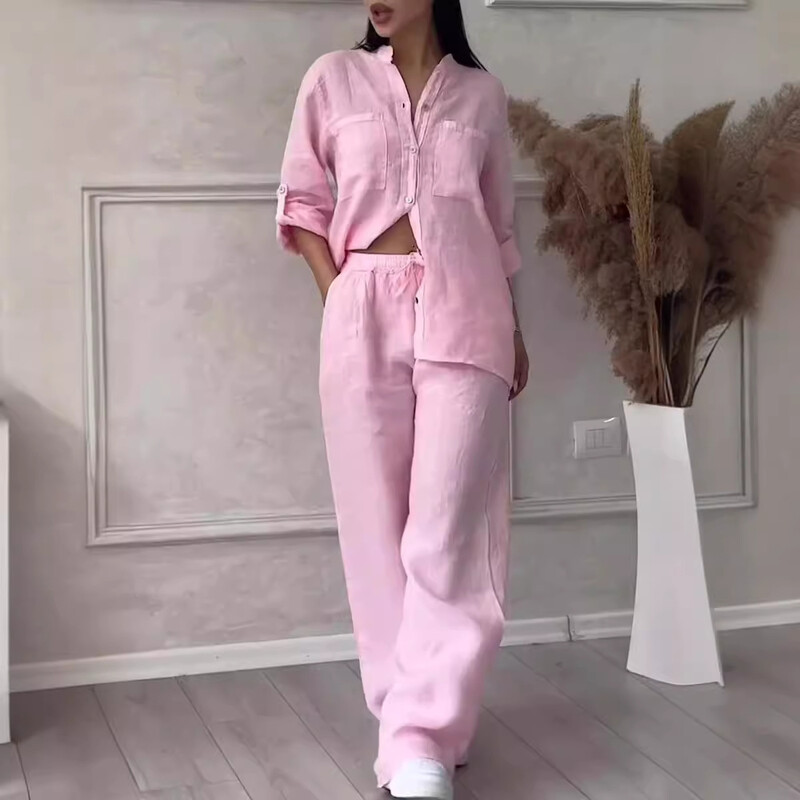 Naiste püksikomplektid, kaheosaline komplekt, pikkade varrukatega taskutega särk, vabaaja, vaba, moodne, kontor, kevad ja sügis