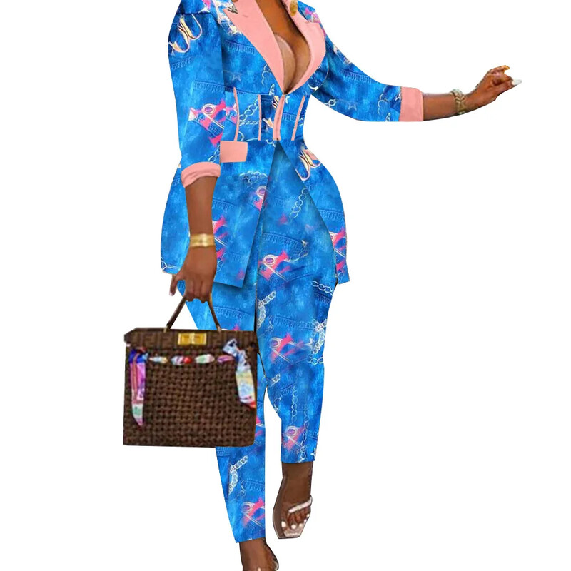 Szexi, kétrészes női öltöny, blézer és nadrág szett, mintás, hosszú ujjú kabátok és nadrágok Utcai ruházat, női, ősz, tél 2023