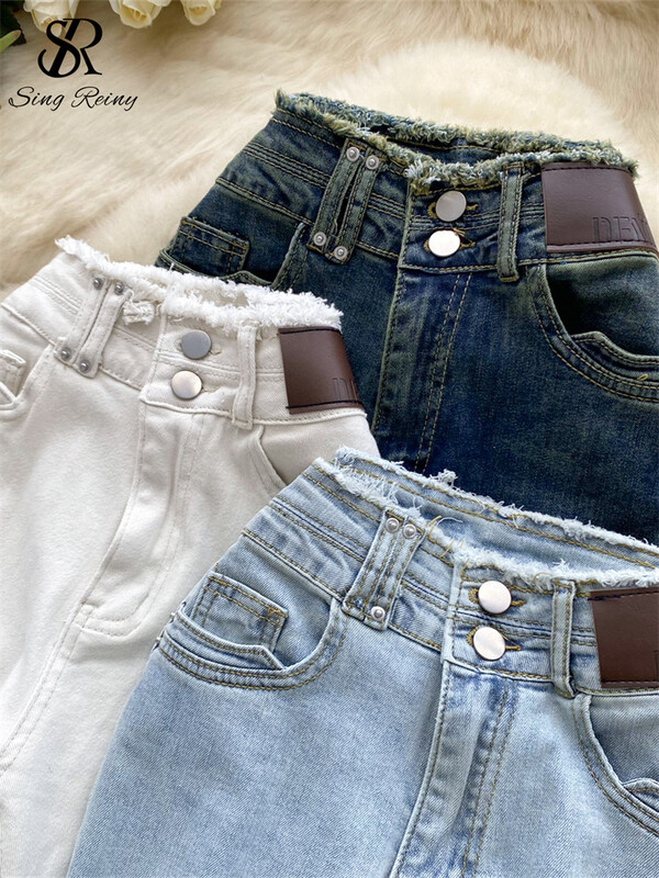 SINGREINY Amerikietiškos retro džinsinės kelnės Moteriškos aukšto juosmens kišenės su užtrauktuku Dizainas platėjančios kelnės Mada Rudens laisvalaikio paprasti džinsai