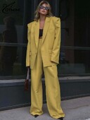 Oymimi elegantsed kollased naiste komplektid, 2-osalised moodsad pikkade varrukatega taskud, ühe nööbiga bleiserid ja lihtsad sirgete pükste komplektid