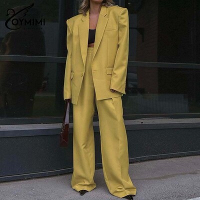 Oymimi elegantsed kollased naiste komplektid, 2-osalised moodsad pikkade varrukatega taskud, ühe nööbiga bleiserid ja lihtsad sirgete pükste komplektid