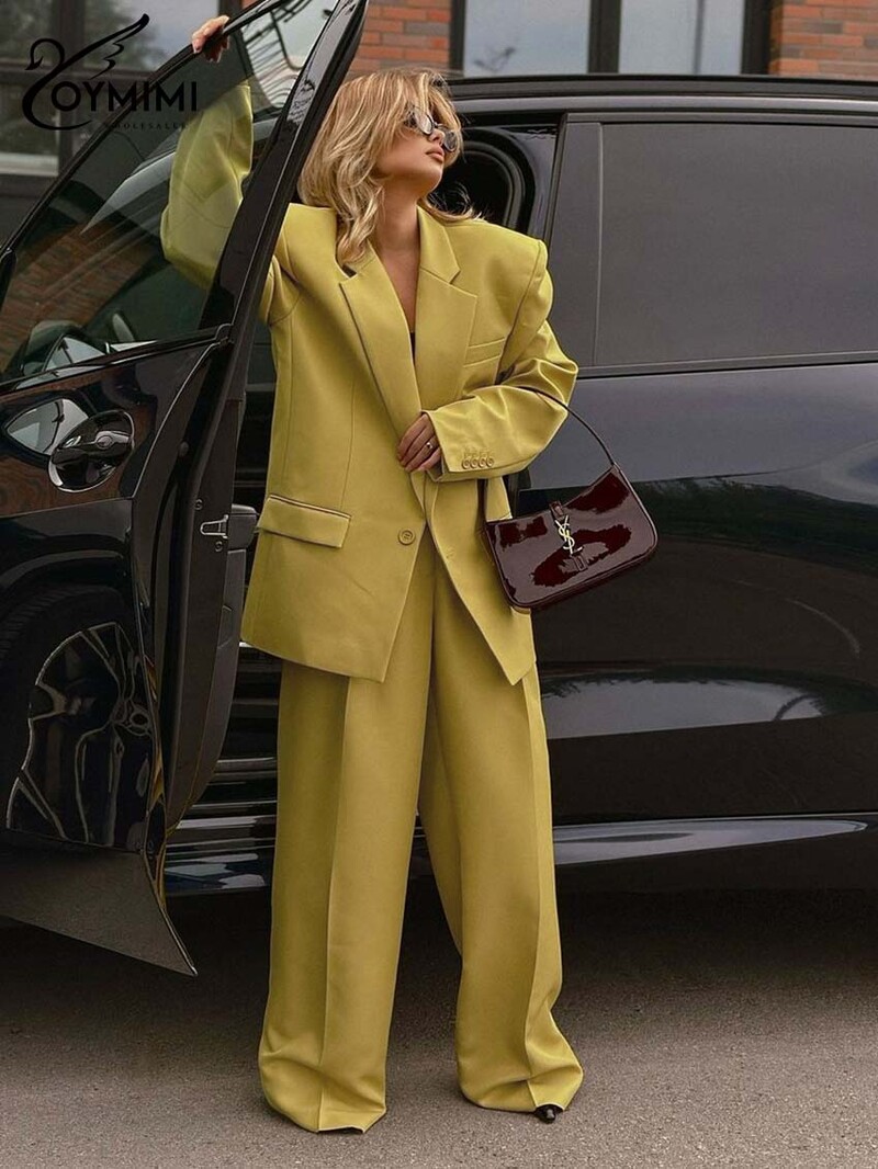 Oymimi elegantsed kollased naiste komplektid, 2-osalised moodsad pikkade varrukatega taskud, ühe nööbiga bleiserid ja lihtsad sirgete pükste komplektid
