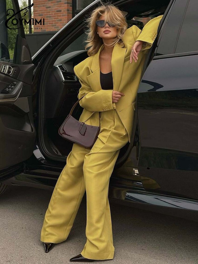 Oymimi elegantsed kollased naiste komplektid, 2-osalised moodsad pikkade varrukatega taskud, ühe nööbiga bleiserid ja lihtsad sirgete pükste komplektid