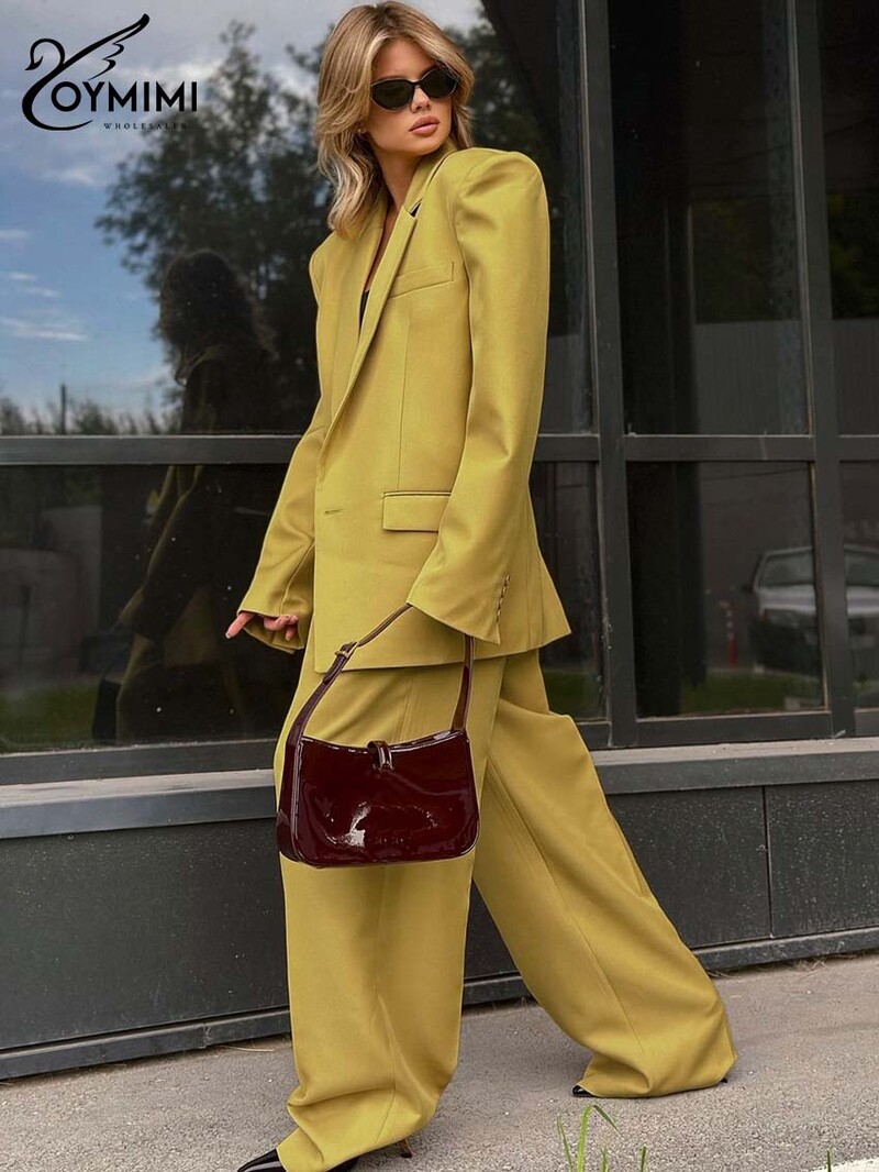 Oymimi elegantsed kollased naiste komplektid, 2-osalised moodsad pikkade varrukatega taskud, ühe nööbiga bleiserid ja lihtsad sirgete pükste komplektid