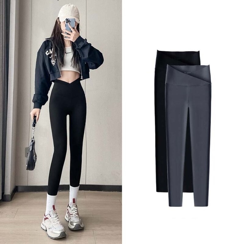 Mood Cross Waist Design Naiste säärised ühevärvilised õhukesed kõrge vöökohaga säärised Stretch püksid kõhtu pinguldavad joogapüksid jõusaal