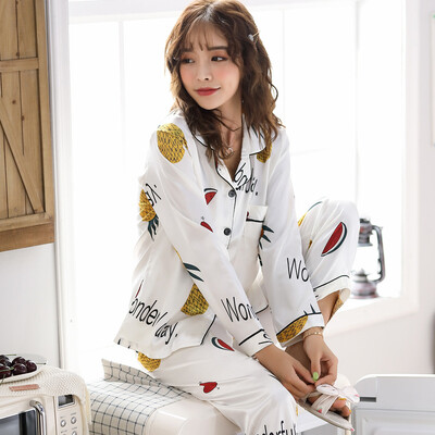 Naiste jääsiidist pikkade varrukatega pidžaamad kodurõivad Naiste Korea versioon suurest õhukesest siidist mugavatest naisterõivastest Ms.