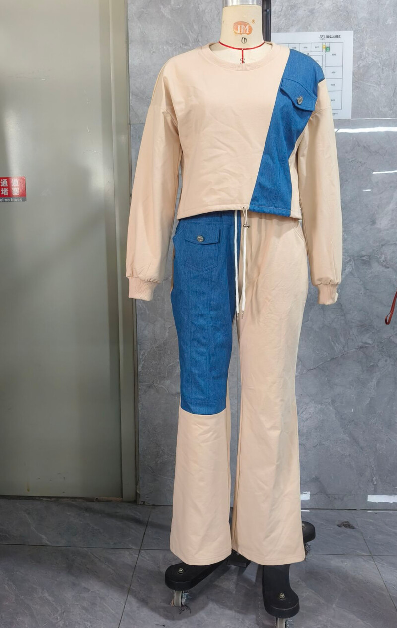 Moteriški 2 dalių komplektai Aprangos komplektas ilgomis rankovėmis spalvotas Demin Patchwork Crop raištelių megztinis aukštu juosmeniu su rankogaliais kelnių rinkinys sportinis kostiumas