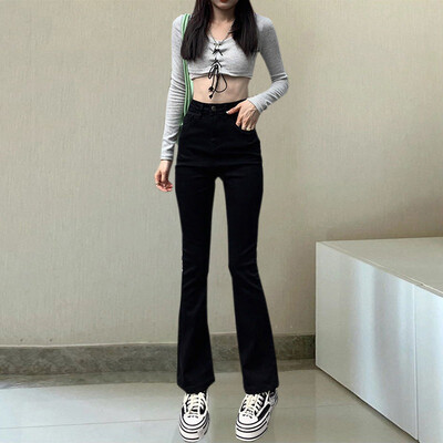 Naiste kevadhooaja kõrge vöökohaga elastsed Slim Fit Street Stiilis sirged jalgevahega püksid, suvised puuvillased venivad teksad