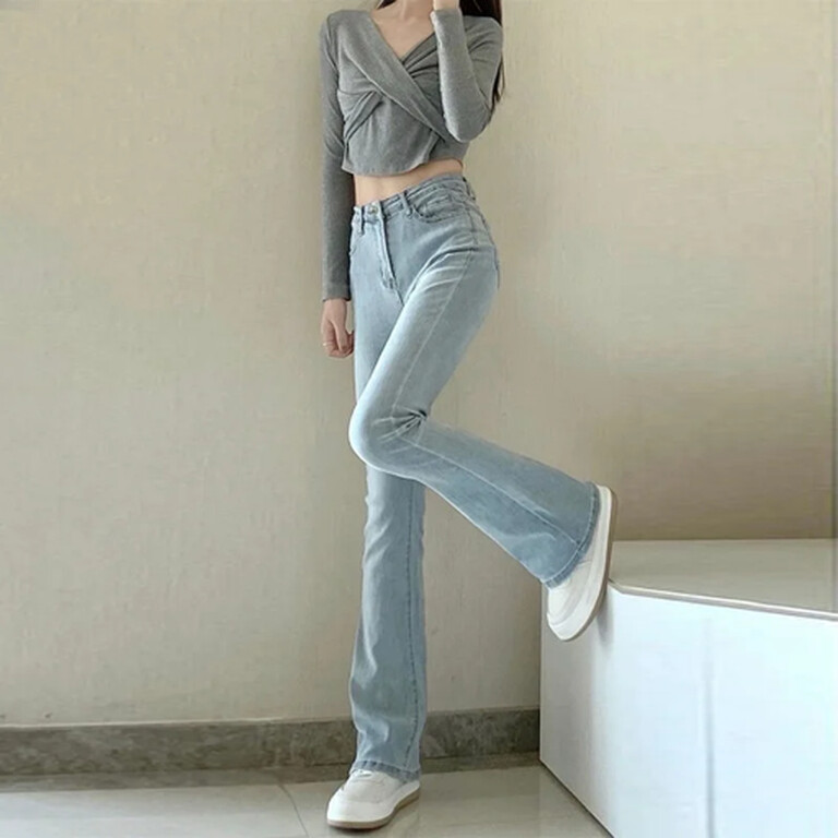 Naiste kevadhooaja kõrge vöökohaga elastsed Slim Fit Street Stiilis sirged jalgevahega püksid, suvised puuvillased venivad teksad