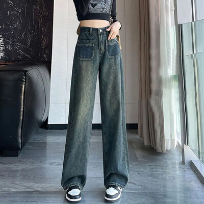 Amerikietiško stiliaus džinsai aukštu juosmeniu plačiomis kojomis Pilkos spalvos betoninės kišenės Unikalios tiesios kelnės moterims Smulkios kelnės