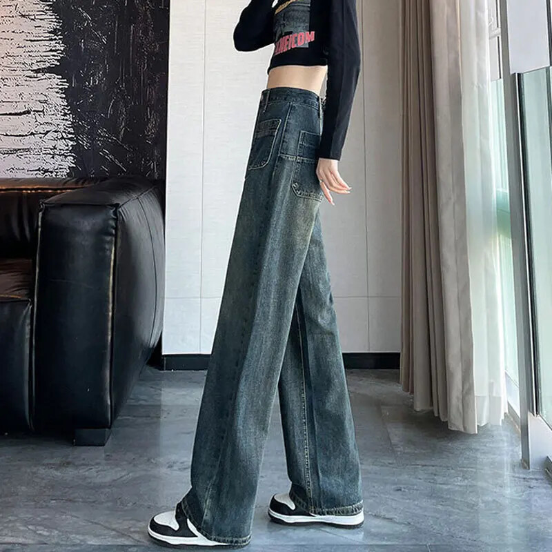 Amerikietiško stiliaus džinsai aukštu juosmeniu plačiomis kojomis Pilkos spalvos betoninės kišenės Unikalios tiesios kelnės moterims Smulkios kelnės