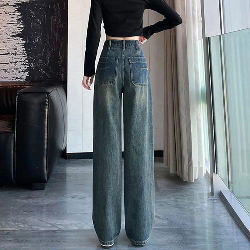 Amerikietiško stiliaus džinsai aukštu juosmeniu plačiomis kojomis Pilkos spalvos betoninės kišenės Unikalios tiesios kelnės moterims Smulkios kelnės