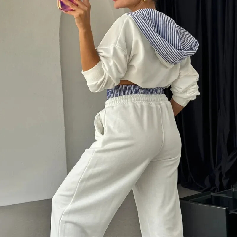 Naiste dressid Kapuutsiga tõmblukud Pusad Triibulised taskud Pingutusnöörid Sirged püksid Kahest osast Komplektid Paksud Sport vabaaja