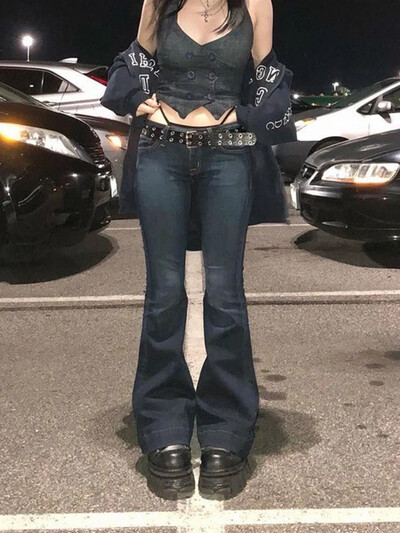 Kalevest Y2K High Street Low Rise Džinsai Mėlynos Moteriškos Kelnės Bootcut Kišenės Džinsai Gatvės drabužiai Žemo juosmens džinsai Plačios kelnės