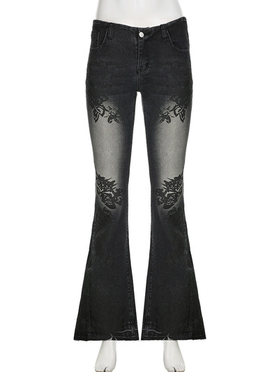 Női nadrág alacsony derekú kiszélesedő nadrág mosó farmer y2k nyomtatás