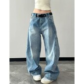 Amerikietiškos mados mėlyni skalbimo džinsai plačiomis kojomis Moteriški Y2K Retro Street Hip-hop Laisvi Harajuku Paprasti laisvalaikio džinsai aukštu juosmeniu tiesūs džinsai