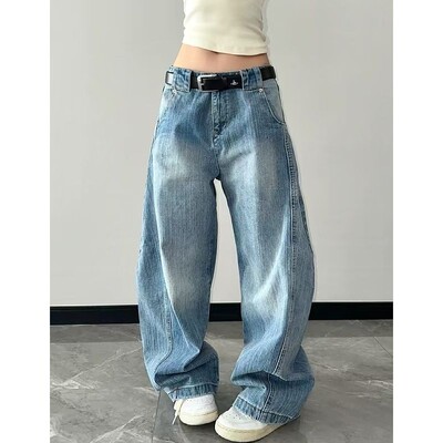 Amerikietiškos mados mėlyni skalbimo džinsai plačiomis kojomis Moteriški Y2K Retro Street Hip-hop Laisvi Harajuku Paprasti laisvalaikio džinsai aukštu juosmeniu tiesūs džinsai