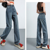 Női Retro kék fekete, magas derekú, széles szárú farmer Női koreai stílusú, egyenes szárú farmer nadrág divatos utcai viselet napi nadrág