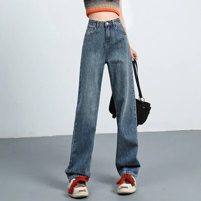 Női Retro kék fekete, magas derekú, széles szárú farmer Női koreai stílusú, egyenes szárú farmer nadrág divatos utcai viselet napi nadrág