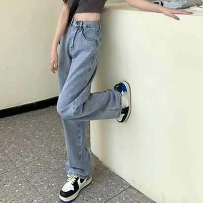Női Retro kék fekete, magas derekú, széles szárú farmer Női koreai stílusú, egyenes szárú farmer nadrág divatos utcai viselet napi nadrág