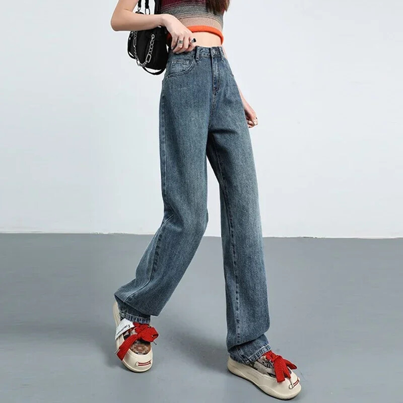 Női Retro kék fekete, magas derekú, széles szárú farmer Női koreai stílusú, egyenes szárú farmer nadrág divatos utcai viselet napi nadrág