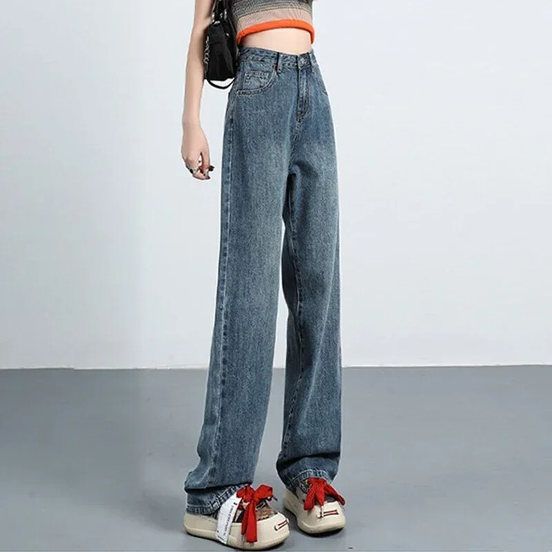 Női Retro kék fekete, magas derekú, széles szárú farmer Női koreai stílusú, egyenes szárú farmer nadrág divatos utcai viselet napi nadrág