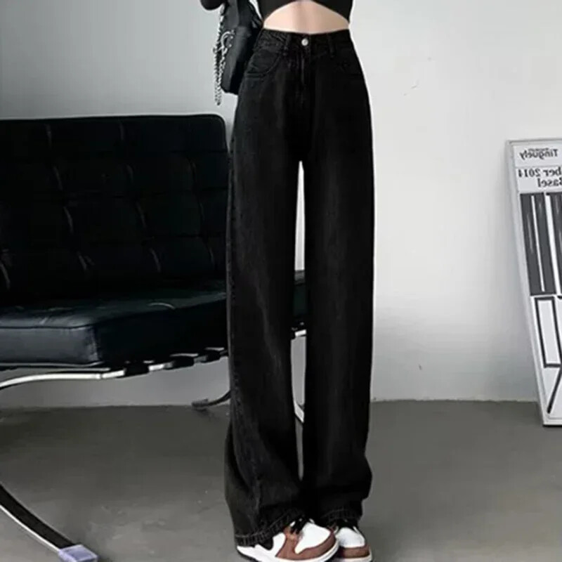 Női Retro kék fekete, magas derekú, széles szárú farmer Női koreai stílusú, egyenes szárú farmer nadrág divatos utcai viselet napi nadrág