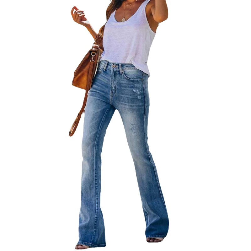 Moteriški džinsai Balinti aukštu juosmeniu Flare Jean Užtrauktukas Fly Vintage Plauti Laisvai Prigludę Džinsiniai Viso ilgio Kelnės Kišenės Pagrindai Tvirtas