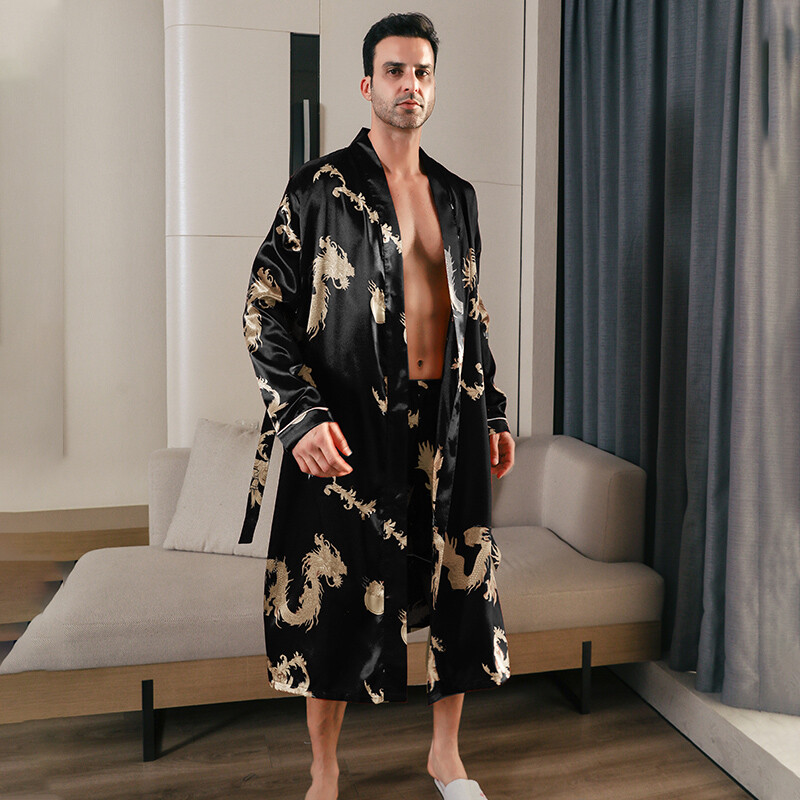 Pizsama férfi tavaszi és őszi selyem vékony fazon túlméretezett pizsama hosszú ujjú fürdőköpeny jégselyem fürdőköpeny otthoni ruha nyári
