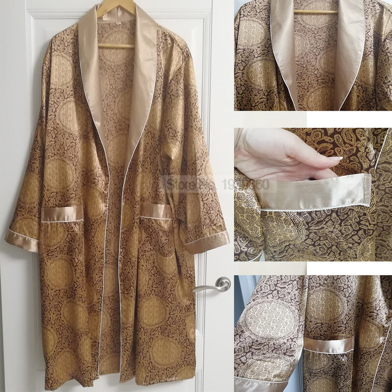 Vyriškas chalatas, satininis kimono chalatas, chalatas, laisvalaikis miegui skirtas didelio dydžio spausdinimas auksinis chalatas namuose 3XL 4XL 5XL
