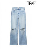 TRAF naiste moeauku kaunistused teksad Sinised püksid metallist tõmblukuga sirge jalaga vabaaja tänavarõivad kõrge vöökohaga teksad