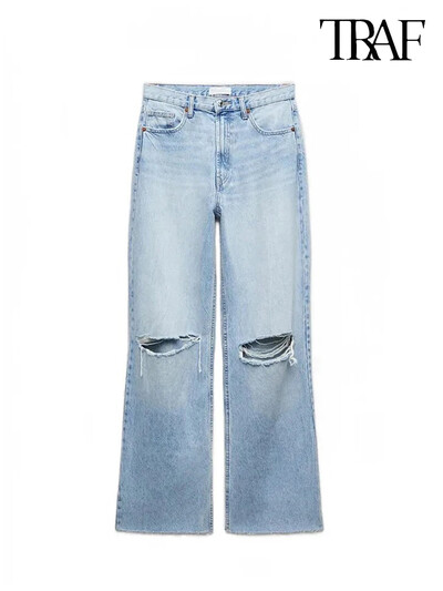 TRAF naiste moeauku kaunistused teksad Sinised püksid metallist tõmblukuga sirge jalaga vabaaja tänavarõivad kõrge vöökohaga teksad