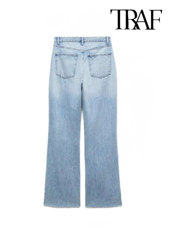 TRAF naiste moeauku kaunistused teksad Sinised püksid metallist tõmblukuga sirge jalaga vabaaja tänavarõivad kõrge vöökohaga teksad