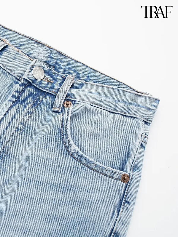 TRAF naiste moeauku kaunistused teksad Sinised püksid metallist tõmblukuga sirge jalaga vabaaja tänavarõivad kõrge vöökohaga teksad