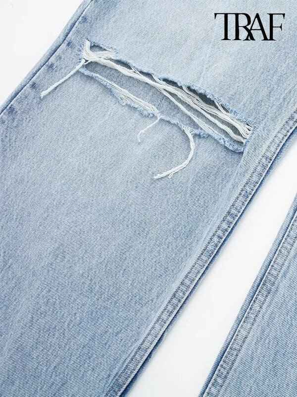 TRAF naiste moeauku kaunistused teksad Sinised püksid metallist tõmblukuga sirge jalaga vabaaja tänavarõivad kõrge vöökohaga teksad