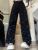 Naiste kõrge vöökohaga Korea kottis teksad Naiste vabaaja teksapüksid laia säärega püksid tüdrukutele mood tänavarõivad sirge säärega pärlpüksid