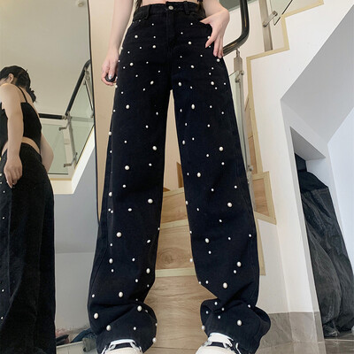 Naiste kõrge vöökohaga Korea kottis teksad Naiste vabaaja teksapüksid laia säärega püksid tüdrukutele mood tänavarõivad sirge säärega pärlpüksid