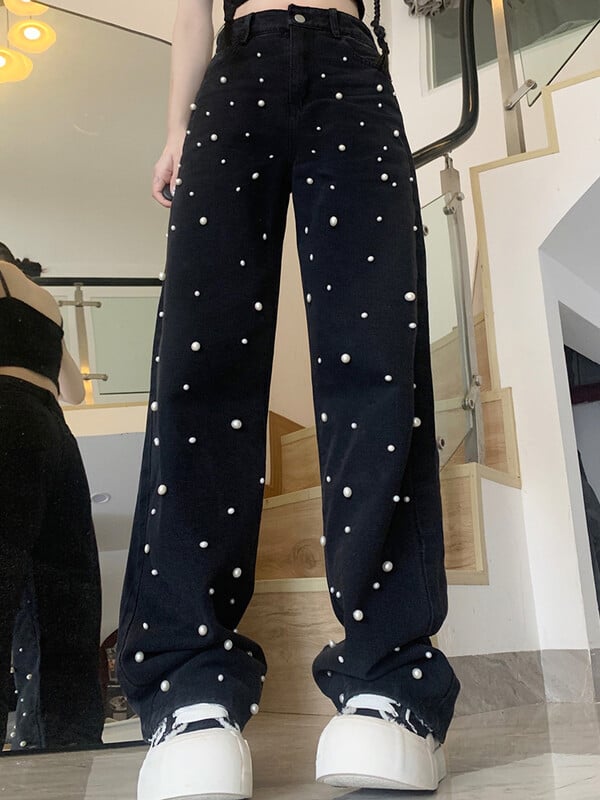 Naiste kõrge vöökohaga Korea kottis teksad Naiste vabaaja teksapüksid laia säärega püksid tüdrukutele mood tänavarõivad sirge säärega pärlpüksid