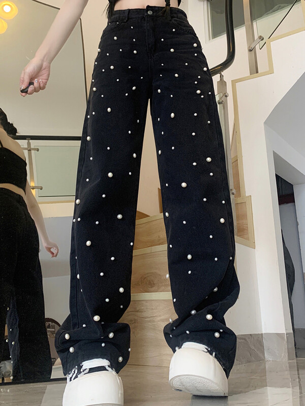 Naiste kõrge vöökohaga Korea kottis teksad Naiste vabaaja teksapüksid laia säärega püksid tüdrukutele mood tänavarõivad sirge säärega pärlpüksid