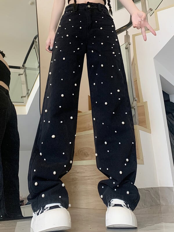 Naiste kõrge vöökohaga Korea kottis teksad Naiste vabaaja teksapüksid laia säärega püksid tüdrukutele mood tänavarõivad sirge säärega pärlpüksid