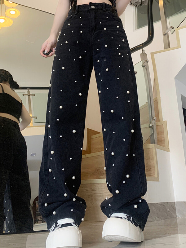 Naiste kõrge vöökohaga Korea kottis teksad Naiste vabaaja teksapüksid laia säärega püksid tüdrukutele mood tänavarõivad sirge säärega pärlpüksid