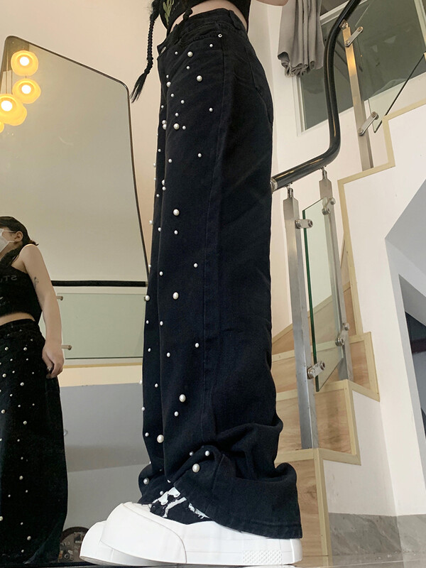 Naiste kõrge vöökohaga Korea kottis teksad Naiste vabaaja teksapüksid laia säärega püksid tüdrukutele mood tänavarõivad sirge säärega pärlpüksid