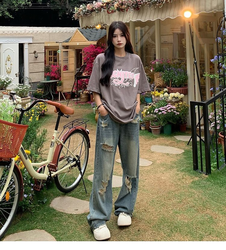 Vintage Hole Y2k Naiste teksad Kõrge vöökohaga teksad laia säärega lahtised sirged säär Hip-hop Street Wear Põrandapikkusega teksapüksid