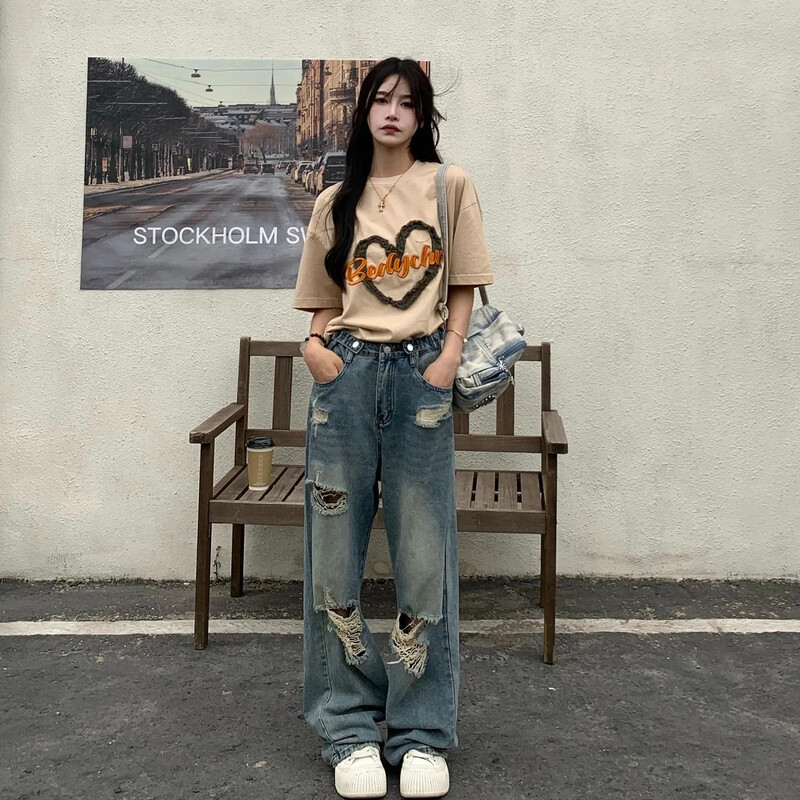 Vintage Hole Y2k Naiste teksad Kõrge vöökohaga teksad laia säärega lahtised sirged säär Hip-hop Street Wear Põrandapikkusega teksapüksid